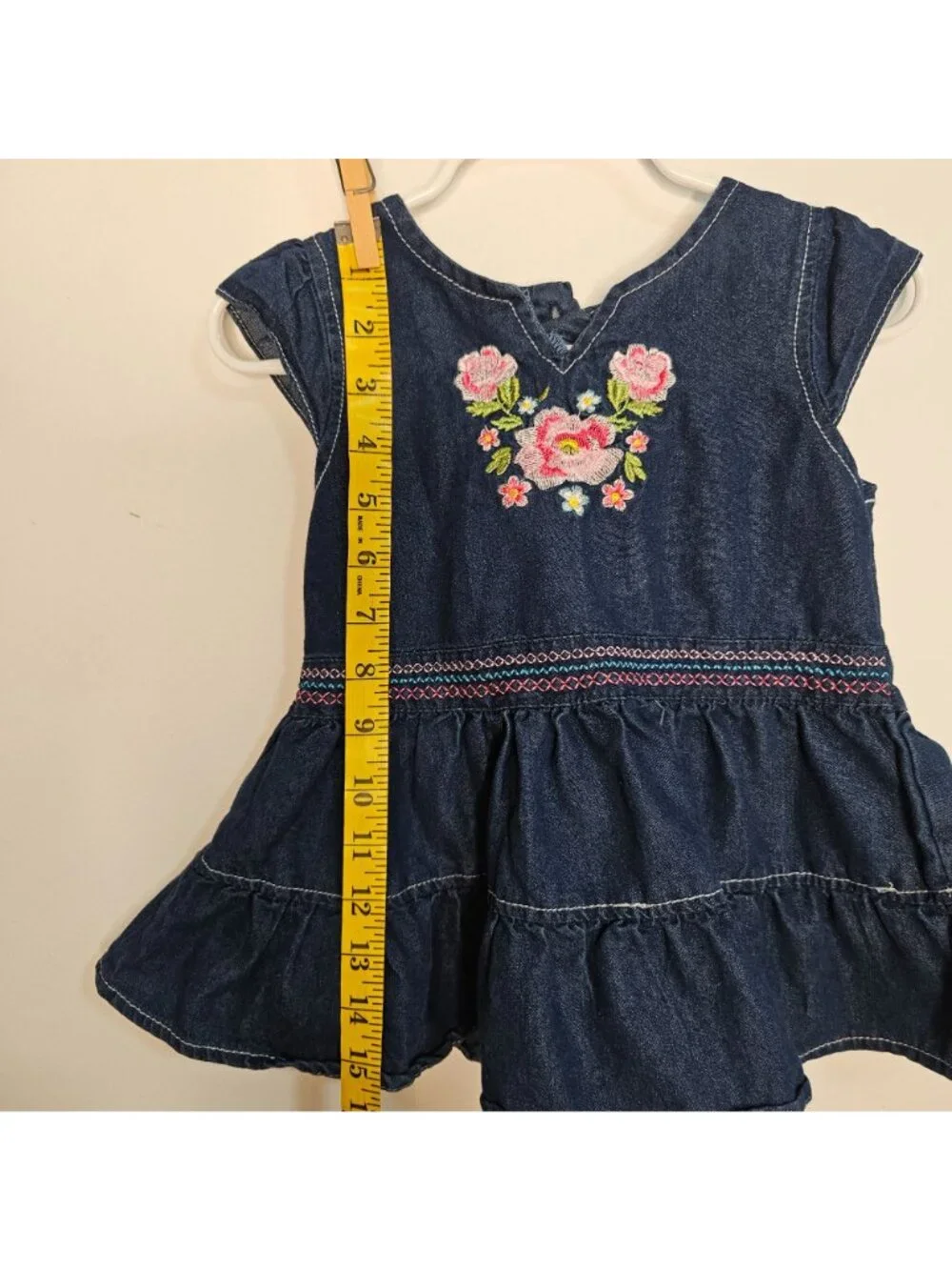 Denim Tiered Dress With Floral Embroidery & Button Closure - Toddler Girls